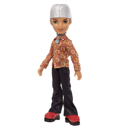 Dylan wearing a patterned shirt, pants, and a hat on a white background