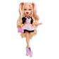 Toy doll with blonde hair styled in pigtails, wearing a pink outfit with black accents 