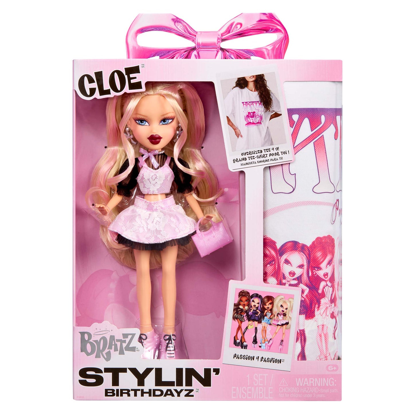 Bratz Stylin Birthdayz Cloe doll packaging with pink bow and  accessories