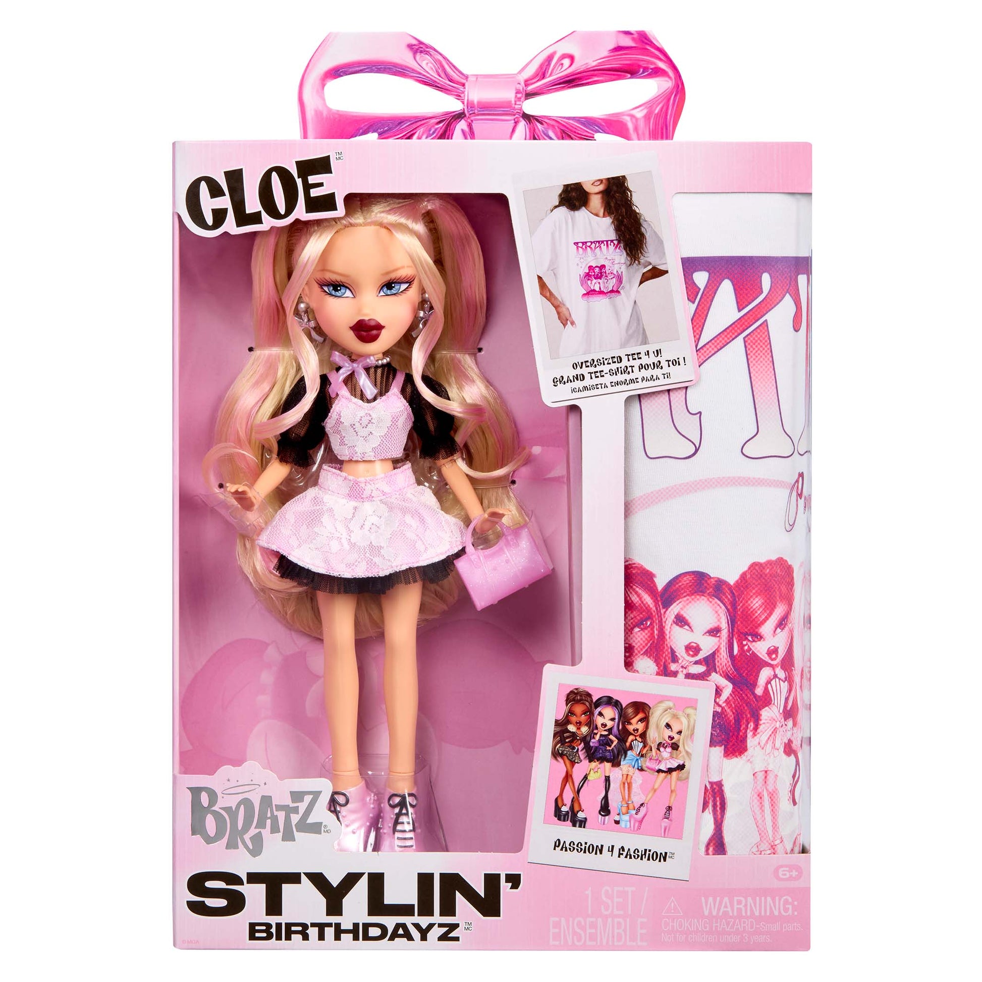 Bratz Stylin Birthdayz Cloe doll packaging with pink bow and  accessories