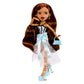 Doll with long brown hair, striped and lace set, and blue shoes 