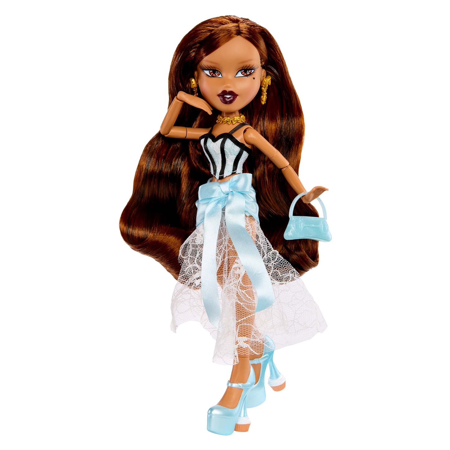 Doll with long brown hair, striped and lace set, and blue shoes 