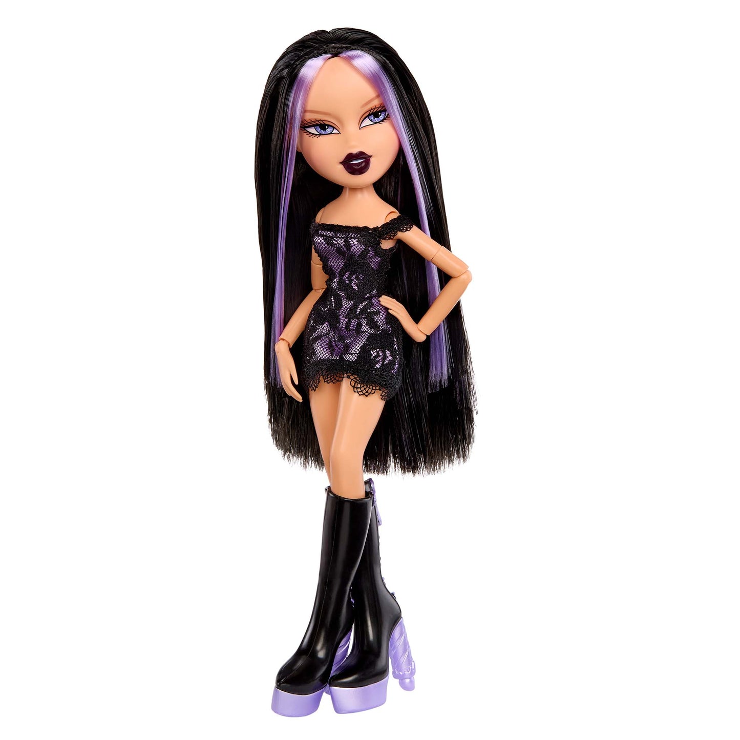 Doll posing with long black and purple hair wearing a black lace dress and high black boots 