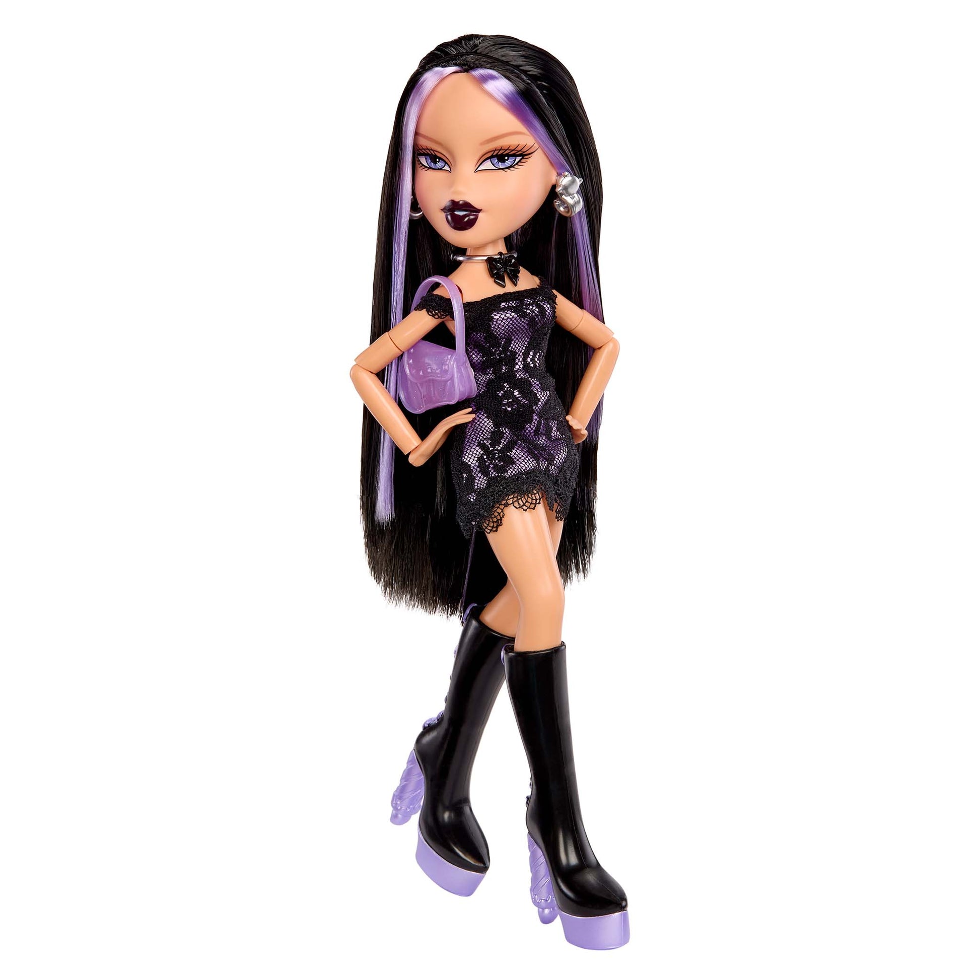 Doll with long black hair and purple accessories