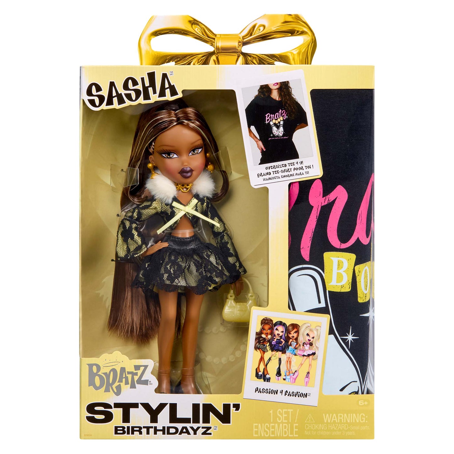 Bratz Stylin' Birthdayz Sasha doll in packaging with gold bow 