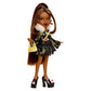Doll with long brown hair wearing a black and yellow outfit with purse