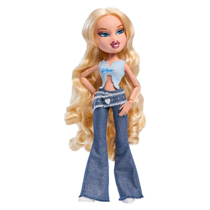 Cloe fashion doll with long blonde wavy hair, wearing a light blue cropped top and blue flared jeans