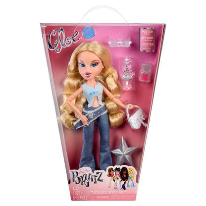 Bratz Cloe First Reimagined doll  in its front packaging, featuring long blonde hair, a blue crop top, and flared jeans, with accessories including a silver star, white purse, and perfume bottle.