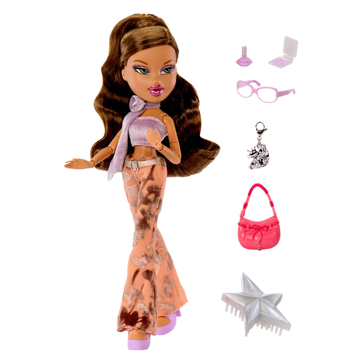 Yasmin fashion doll with long brown hair, wearing a lavender top and a patterned peach skirt, shown with several accessory items including pink glasses, a pink handbag, a silver purse, a white star-shaped accessoryy