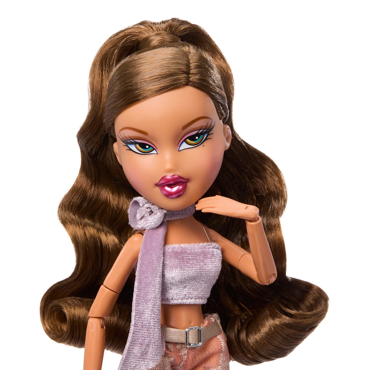 yasmin reimagined doll close up brown wavy hair nd purple top