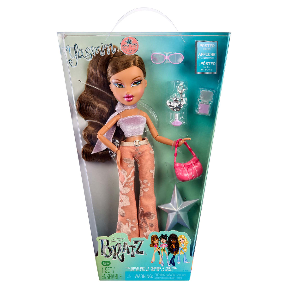 Bratz Yasmin first reimagined doll in its front packaging, featuring a brown-haired doll in a pink and beige outfit holding a pink purse, with accessories