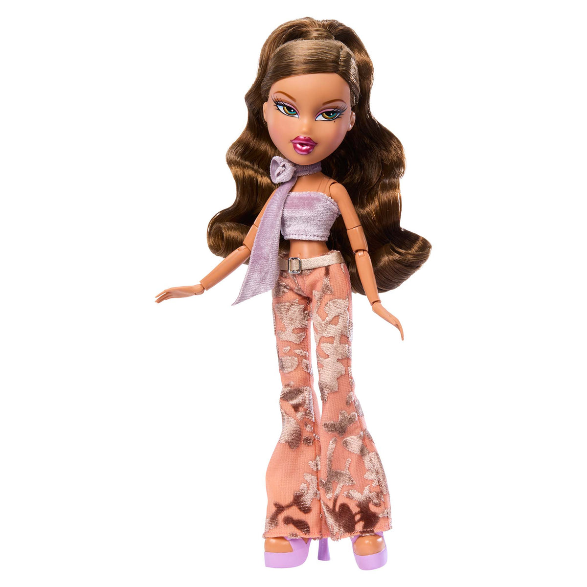 Yasmin Bratz doll with long brown hair, wearing a lavender crop top, a matching purple scarf, and patterned peach pants with purple heels