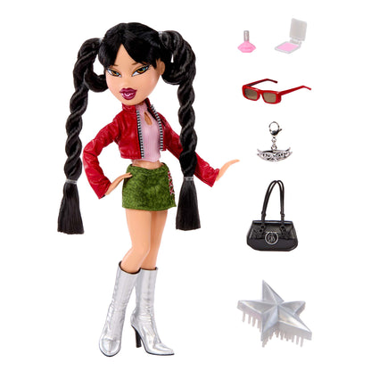 Jade fashion doll with long black pigtails, wearing a red jacket, pink top, green skirt, and silver boots, shown with matching accessories including red sunglasses, a black handbag, a silver keychain, a pink compact, and a silver star brush 