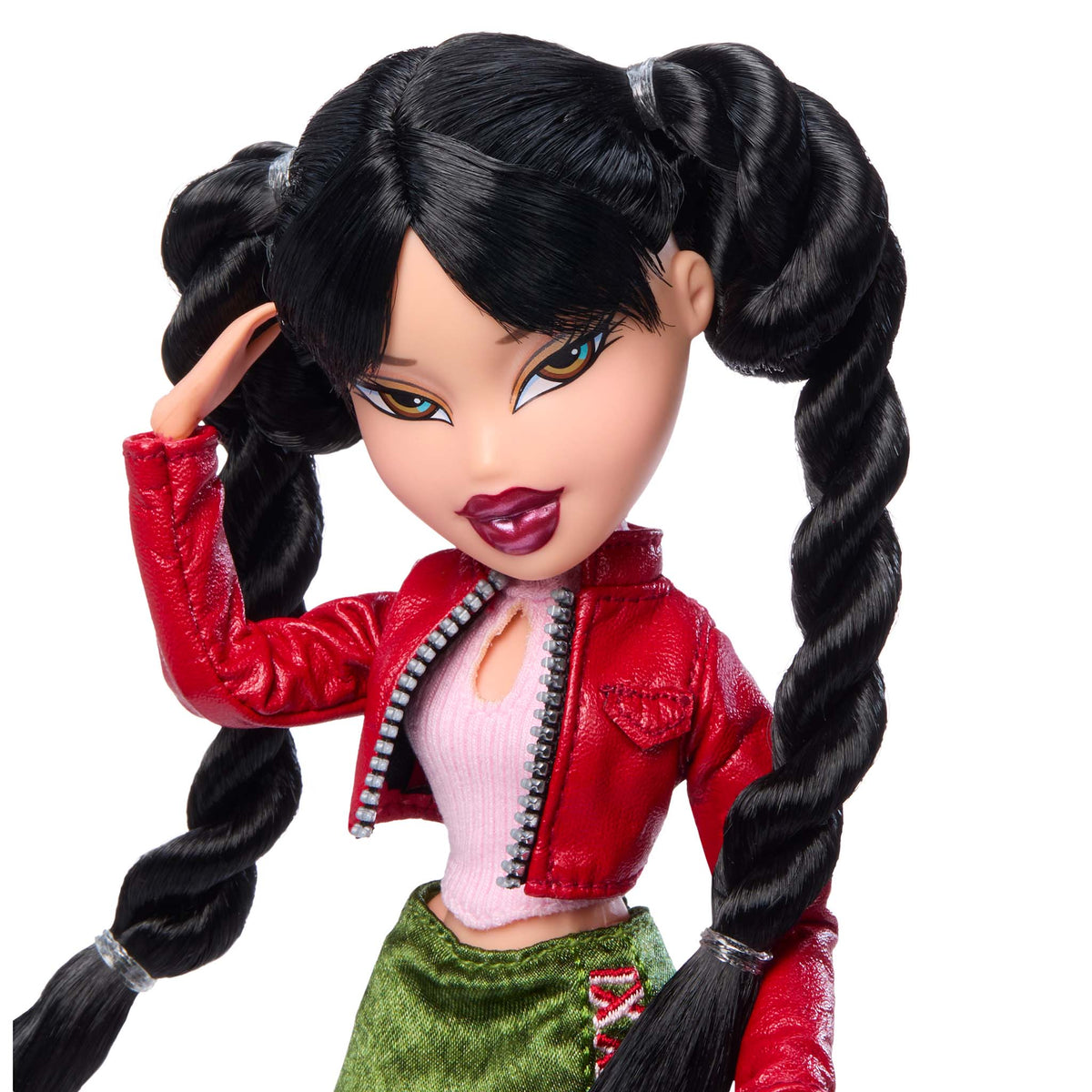 First Reimagined Jade doll close up with long black pigtails, wearing a red jacket, pink top, and green skirt