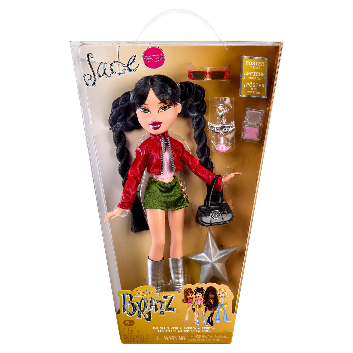 Bratz Jade first reimagined doll front packaging featuring  accessories including sunglasses, a handbag, and a star figure