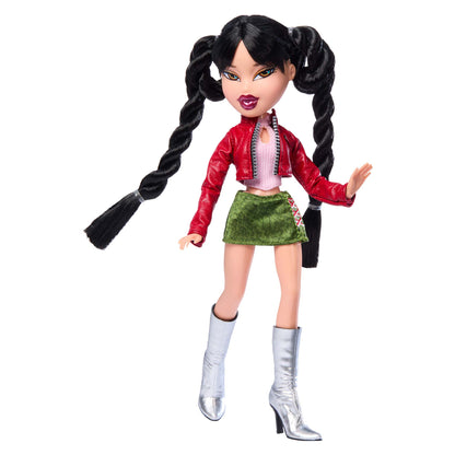 Jade fashion doll with long black pigtails, wearing a red leather jacket, pink top, green skirt, and silver high-heeled boots