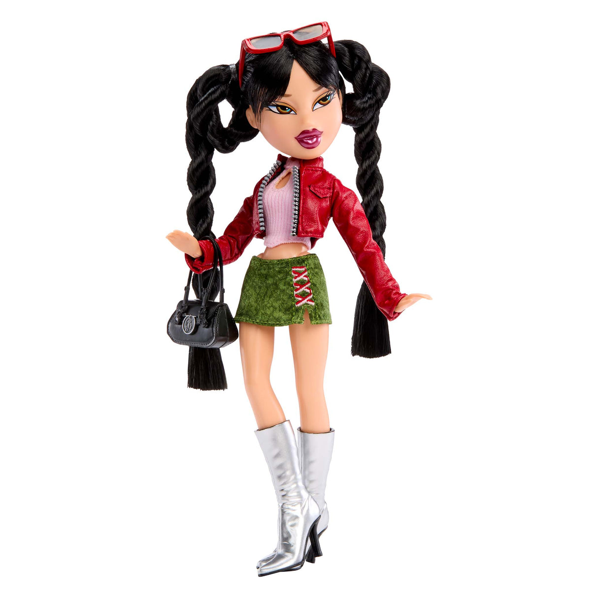 Jadefashion doll with long black pigtails, wearing a red leather jacket, light pink crop top, green skirt, silver boots, and holding a black purse