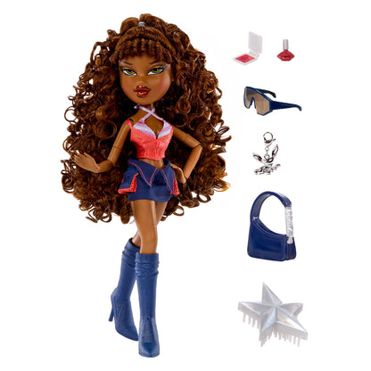 sasha doll with long curly brown hair, wearing a pink and blue outfit with blue knee-high boots, shown with small accessory items including sunglasses, a handbag, earrings, a star-shaped item, and a small red-and-white accessory 