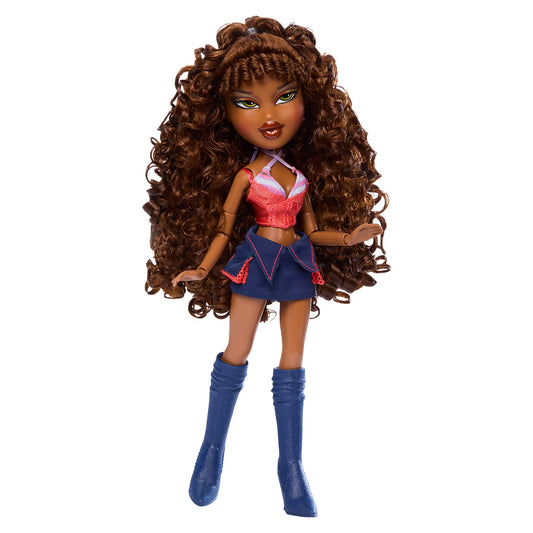 Sasha Bratz doll with long, curly brown hair, wearing a pink and white halter crop top, a blue denim-style mini skirt with red trim, and blue knee-high boots