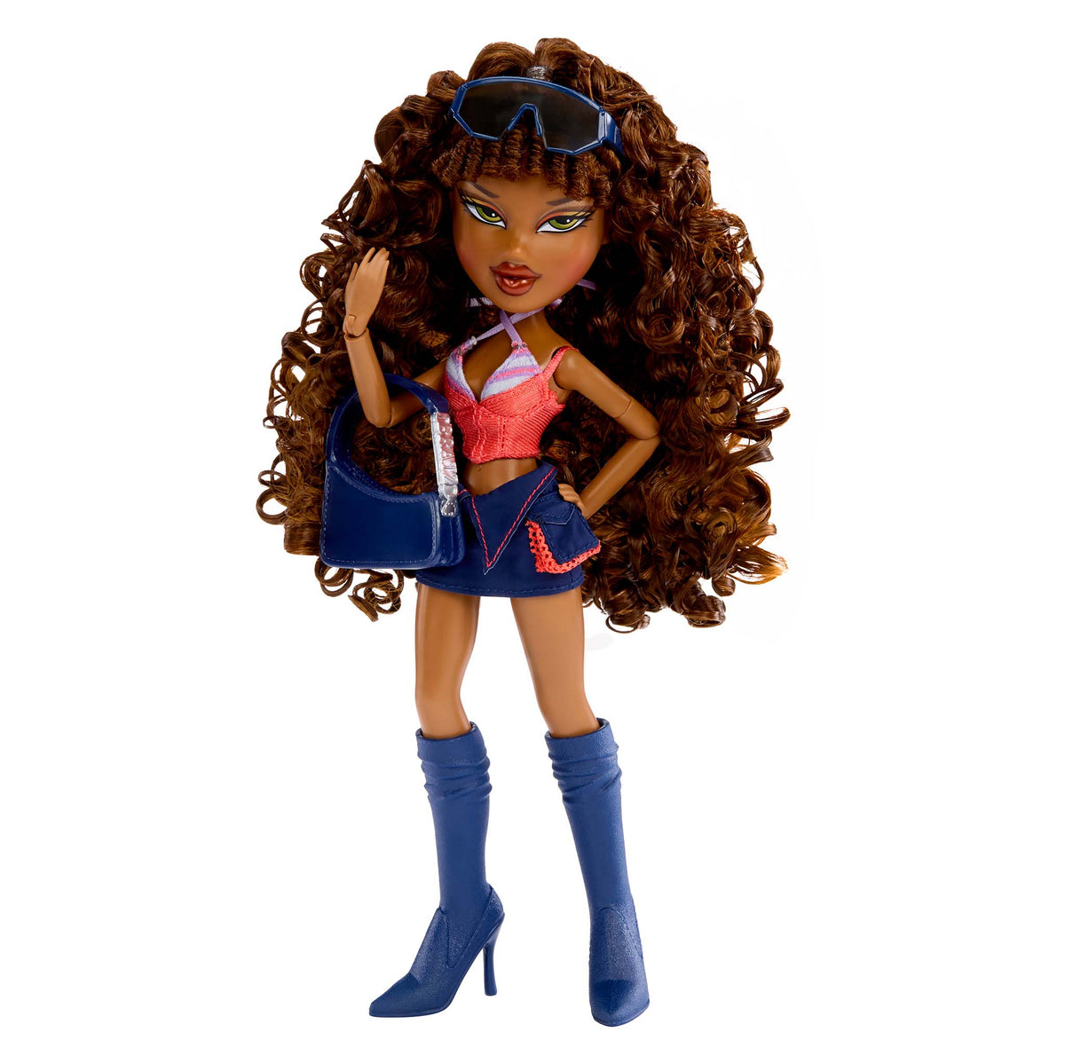 Sasha fashion doll with long, curly brown hair, wearing a pink and white halter top, a blue mini skirt, blue knee-high boots, and carrying a blue handbag