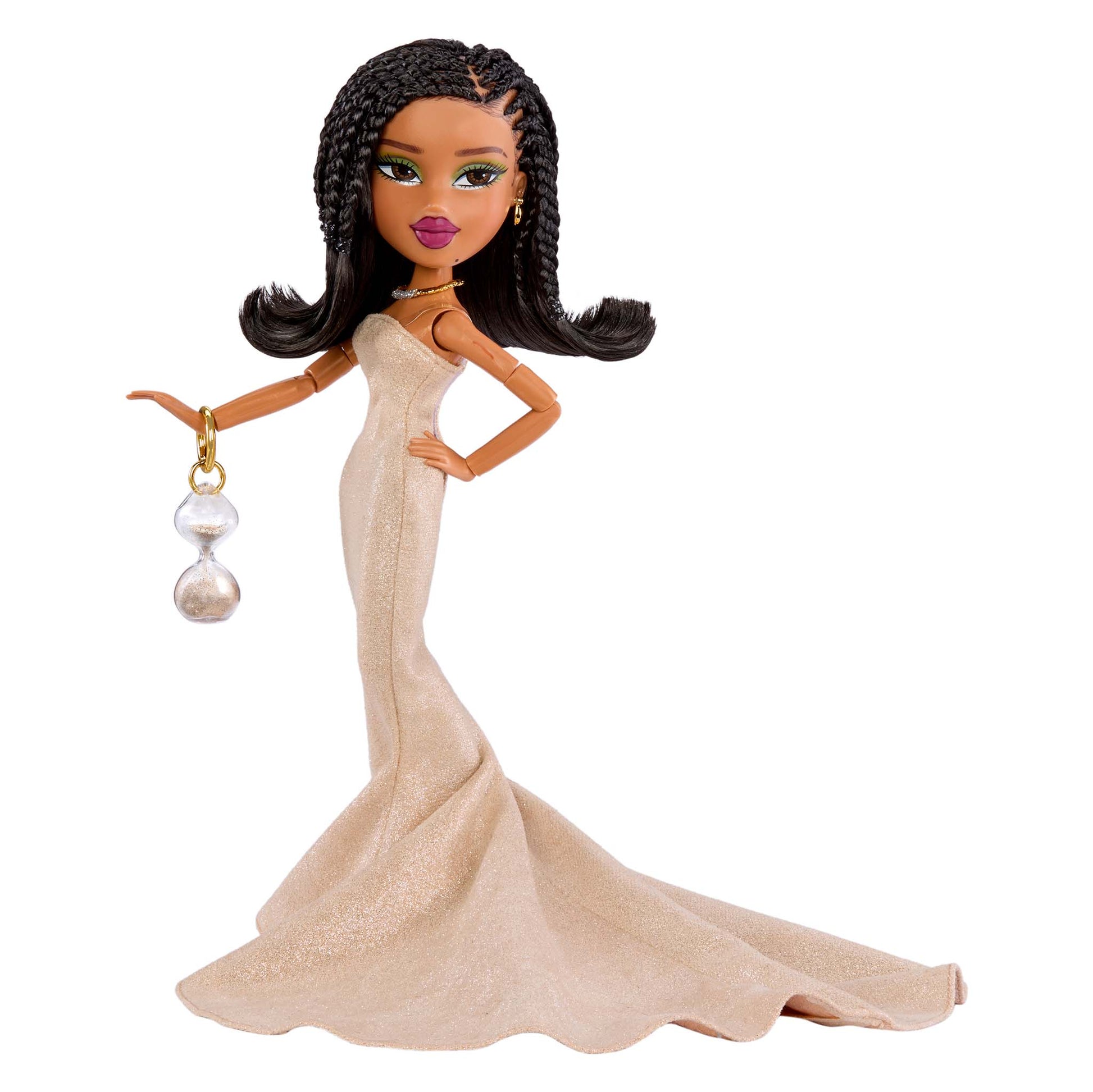 Bratz x Tyla Doll black braided hair, and purple lips, wearing a shimmering champagne beige mermaid gown and holding a small gold hourglass bag