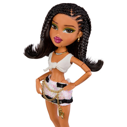 Bratz x Tyla Doll w/ mini skirt, chain belt and crop top - close up