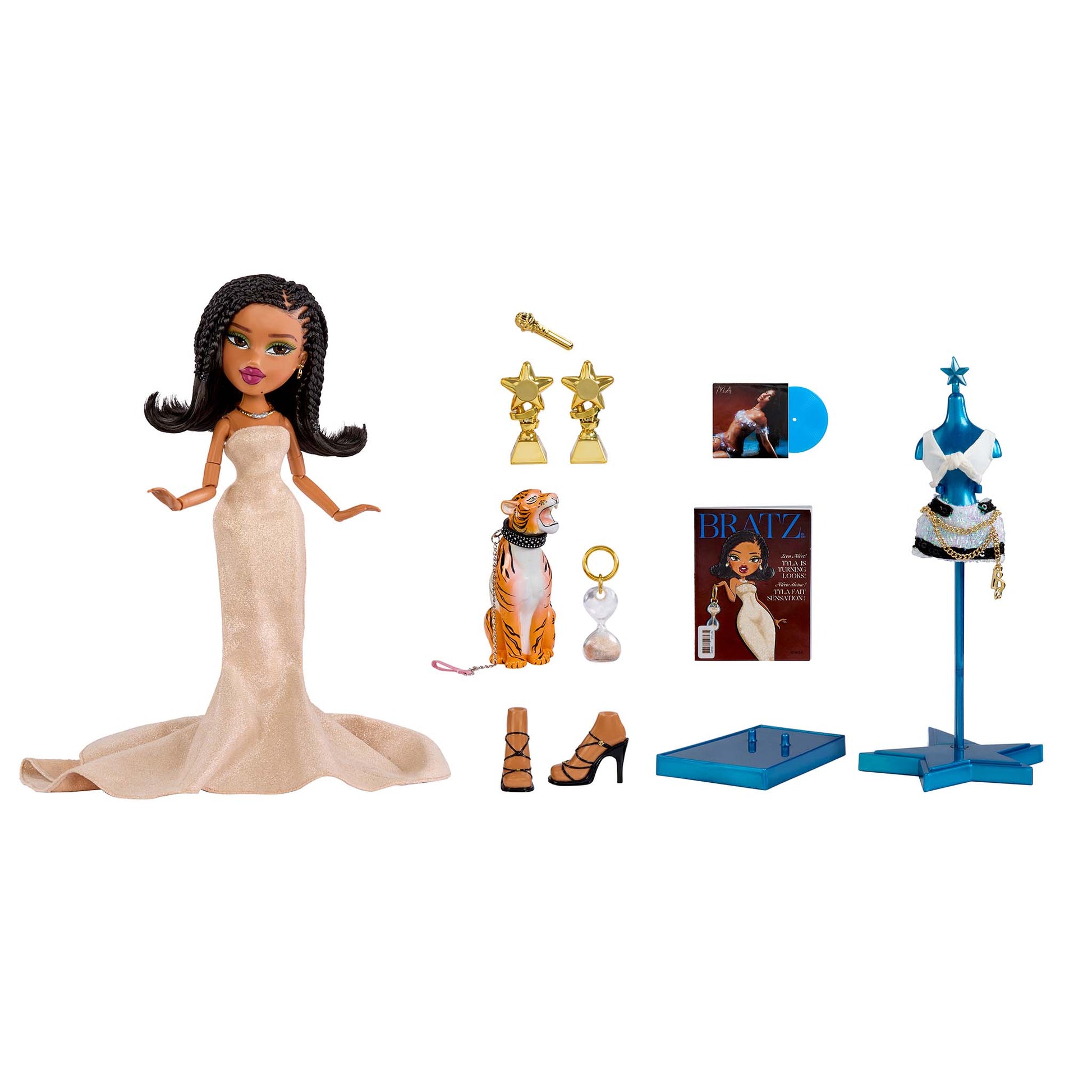 Bratz x Tyla Doll w/ accessories - a tiger figurine, a small blue-and-white hat on a stand, brown high heels, a blue tray, and a magazine-style card.
