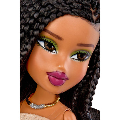 Close-up of a doll's face with dark braided hair, green eyeshadow, brown eyes, and magenta lips, wearing a gold and silver beaded necklace.