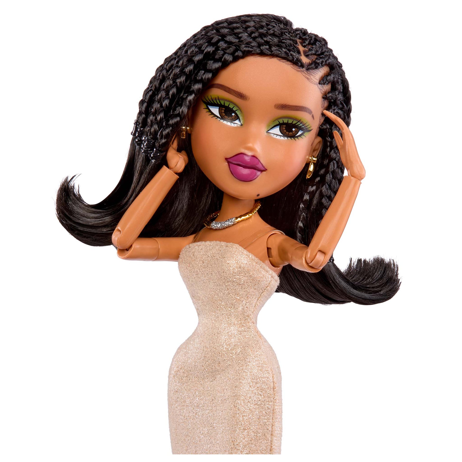bratz x tyla doll with close up in gold shimmer dress