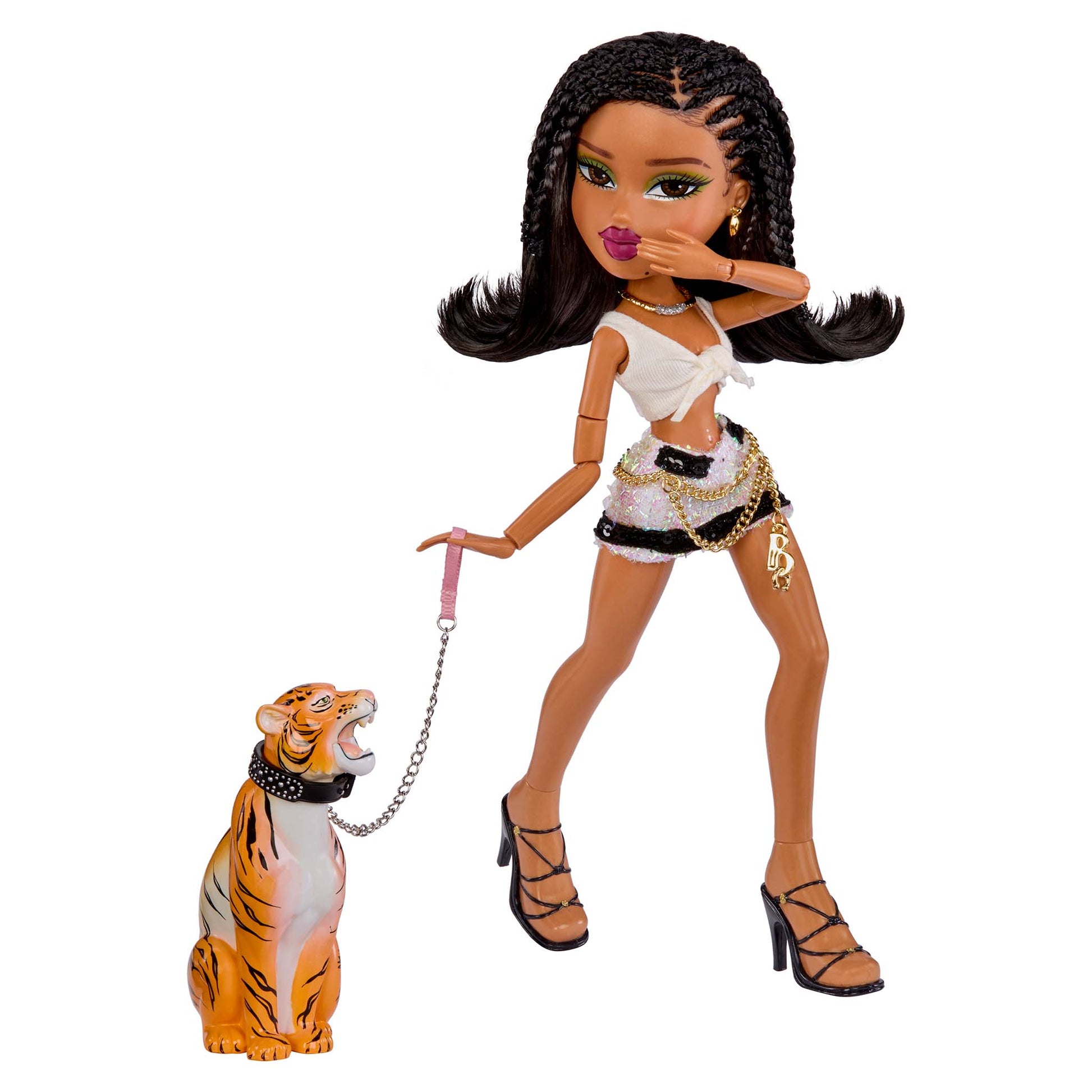 Bratz x Tyla Doll w/ mini skirt, chain belt and crop top - holding a leash attached to a small orange-and-white tiger figurine.