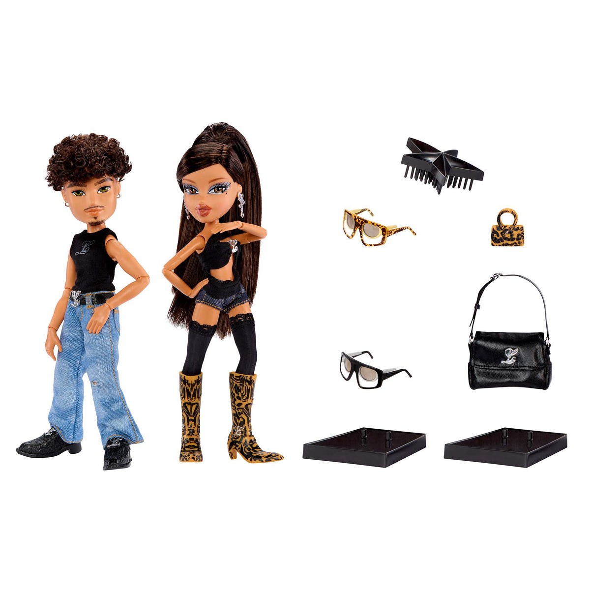 Bratz x Luar Dolls Yasmin Carlos with accessories bags sunglasses comb and doll stands