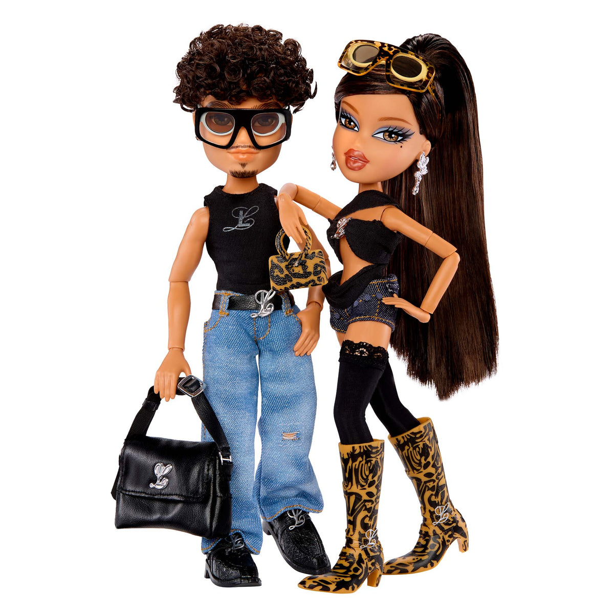 bratz x luar dolls yasmin carlos in outfits with accessories posing side by side