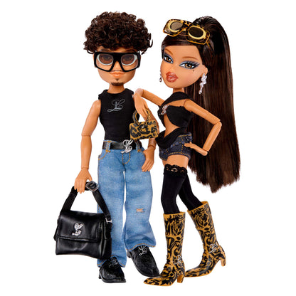 bratz x luar dolls yasmin carlos in outfits with accessories posing side by side