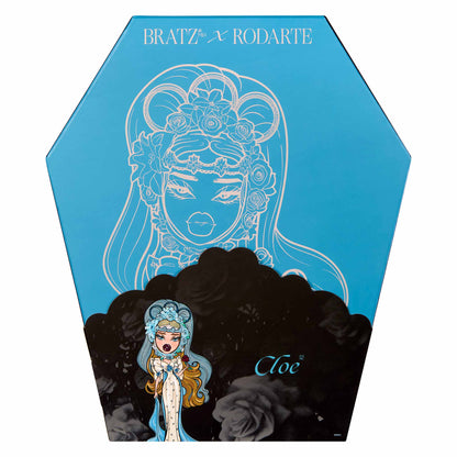 Hexagonal product back packaging with 'Bratz x Rodarte' design featuring a character and floral elements 