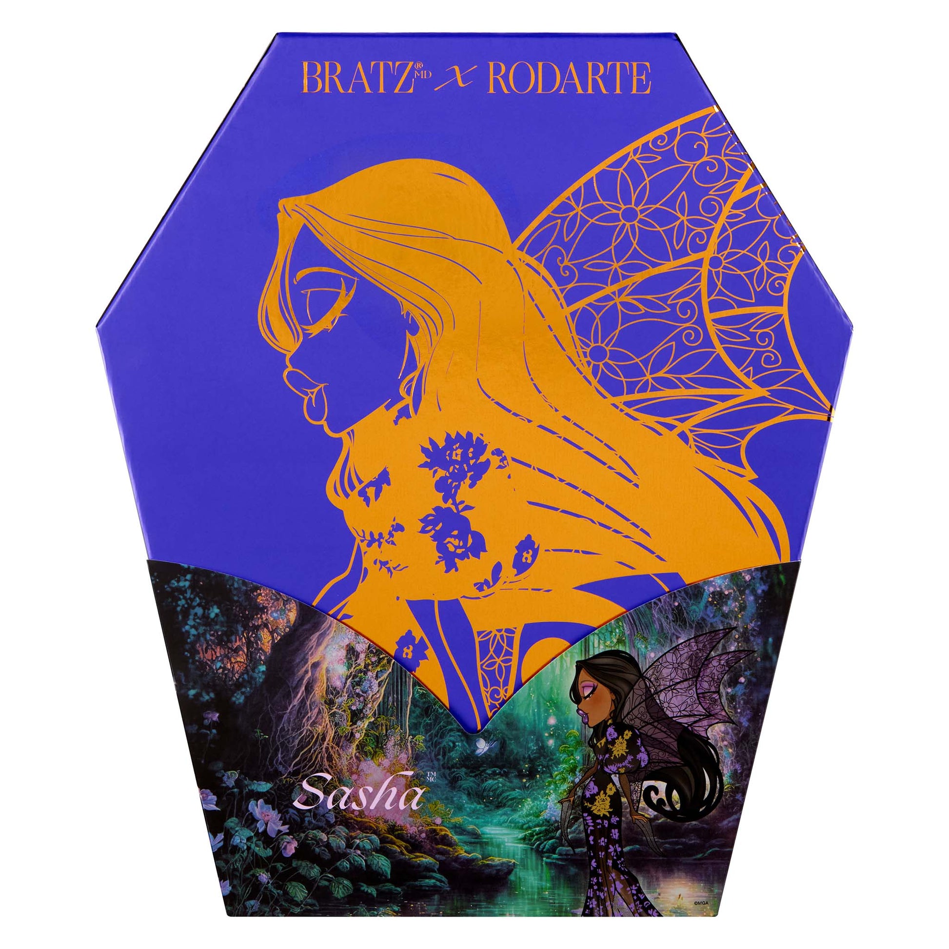 Hexagonal box with orange silhouette and 'BRATZ x RODARTE' branding on a purple background.