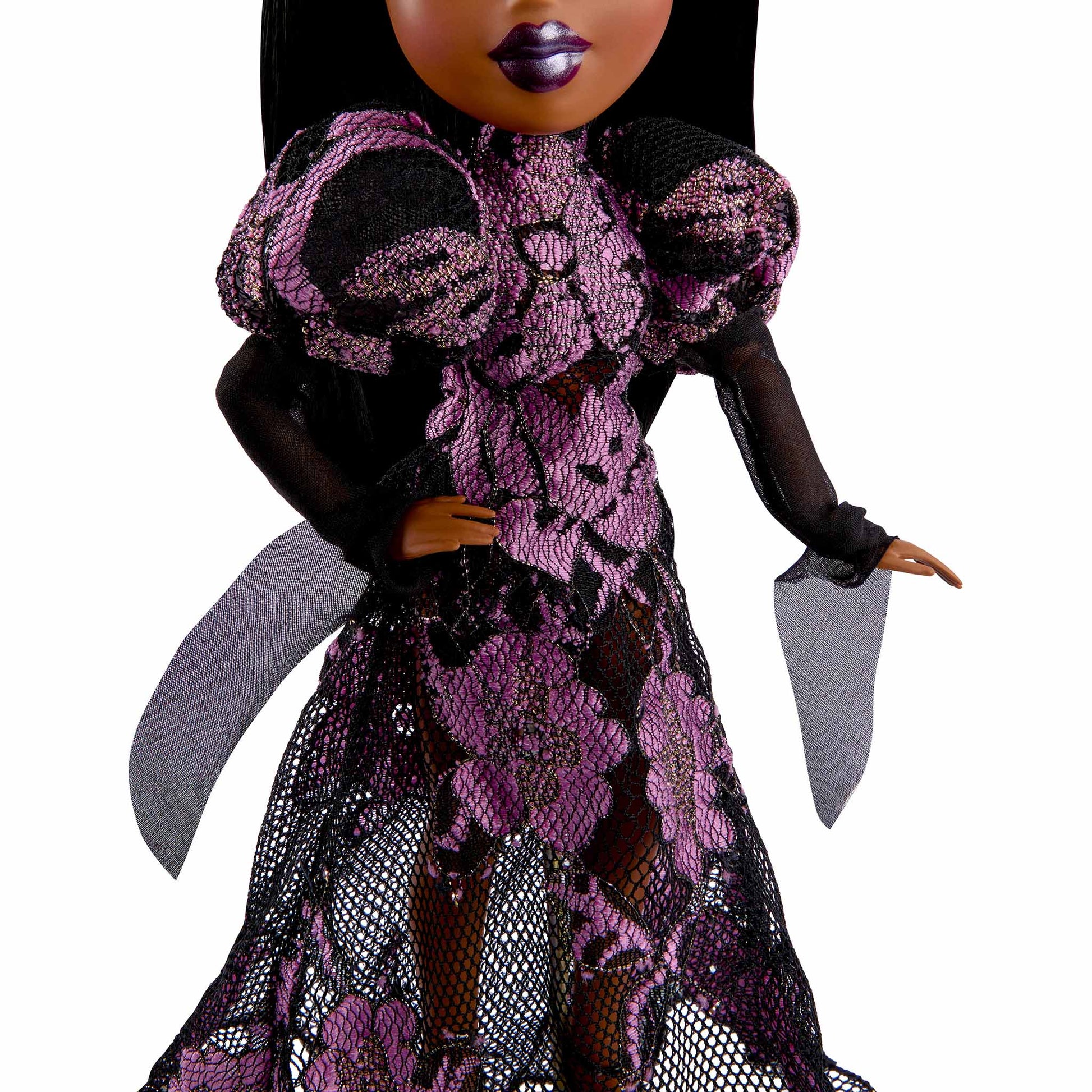 Doll wearing a purple and black lace dress close up