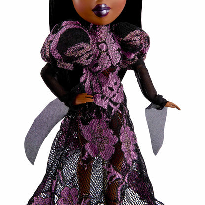 Doll wearing a purple and black lace dress close up