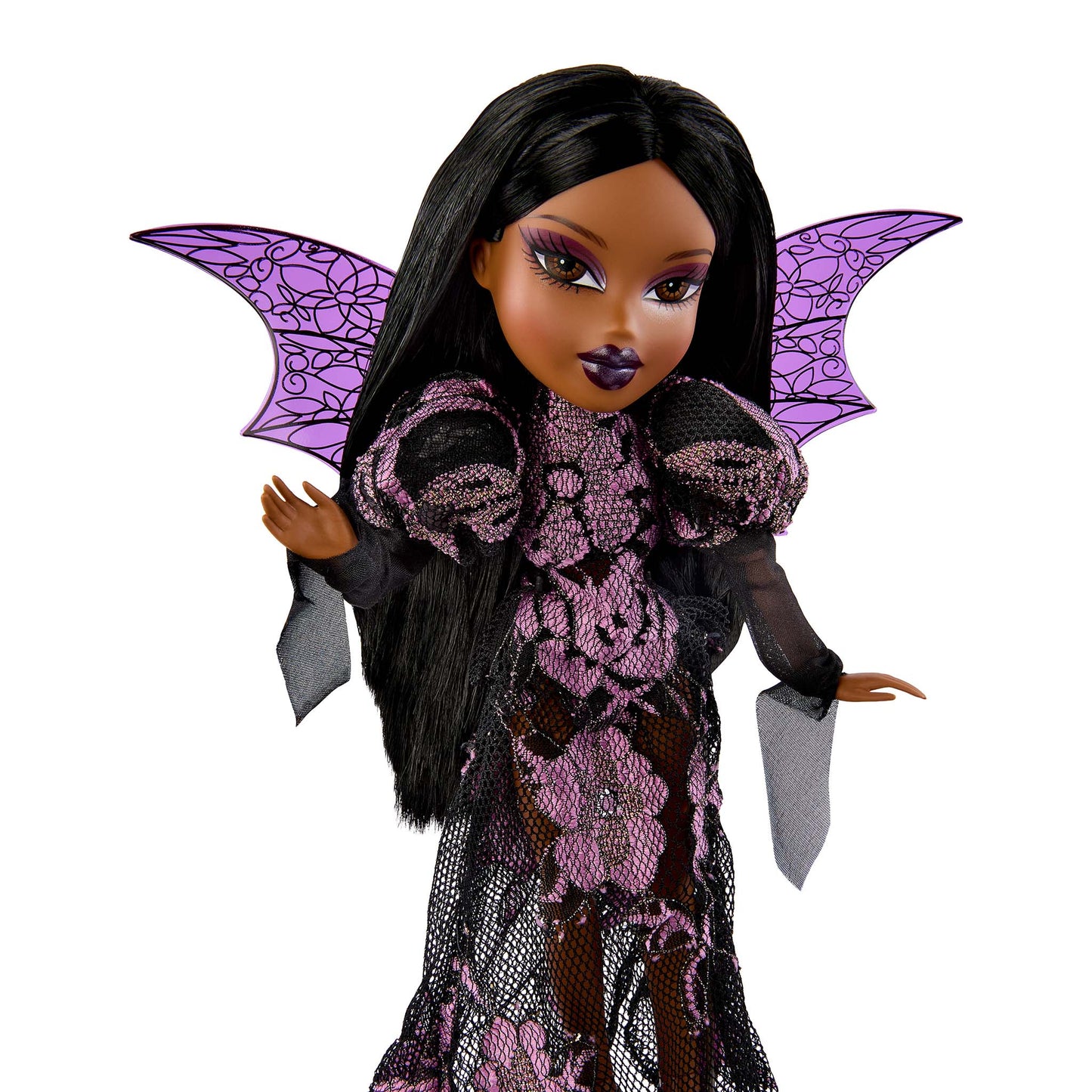 Bratz x Rodarte Sasha Doll close up with black hair and purple accents