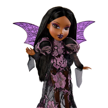 Bratz x Rodarte Sasha Doll close up with black hair and purple accents