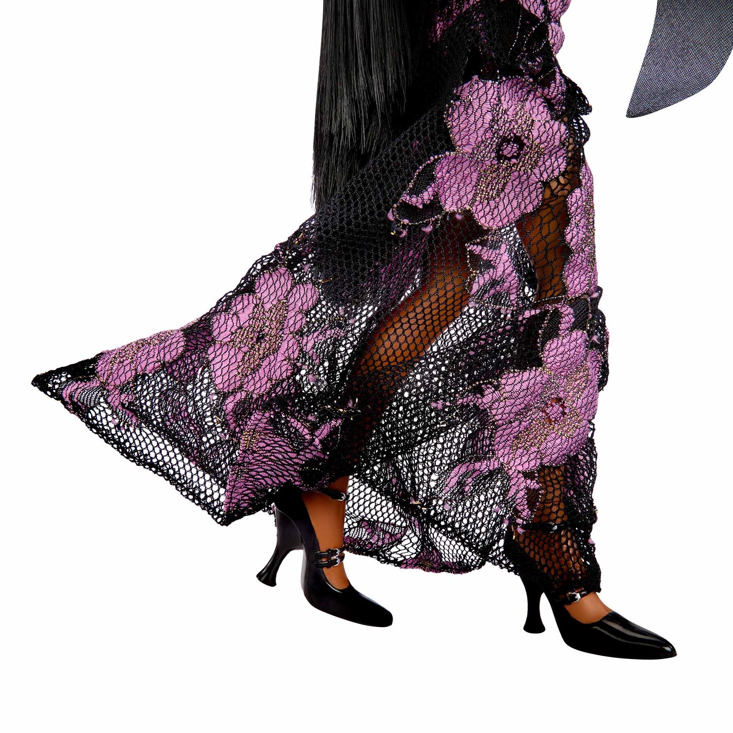 Black and purple lace dress and close up of heels