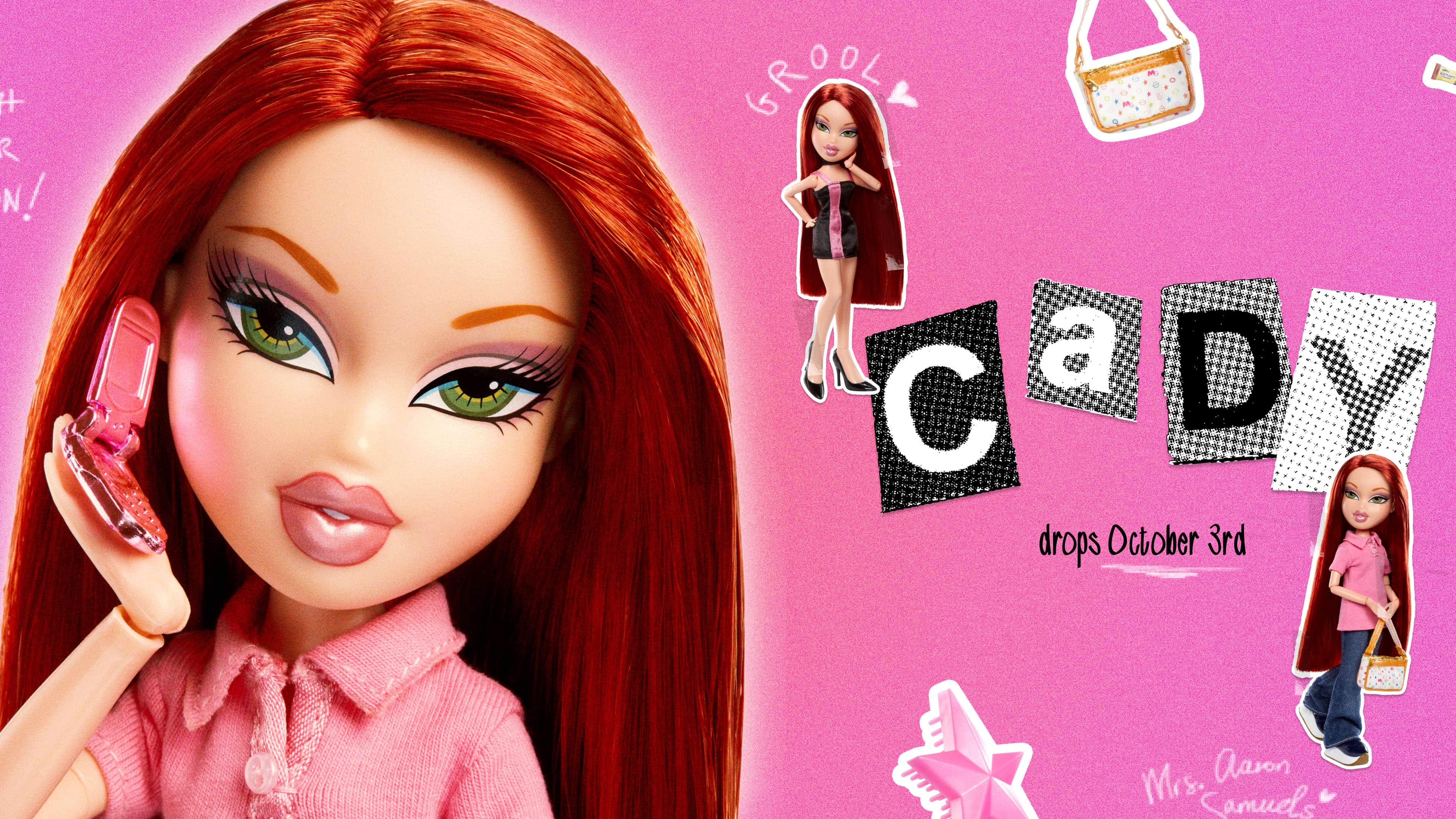 Mean Girls Cady on pink background various images of olls