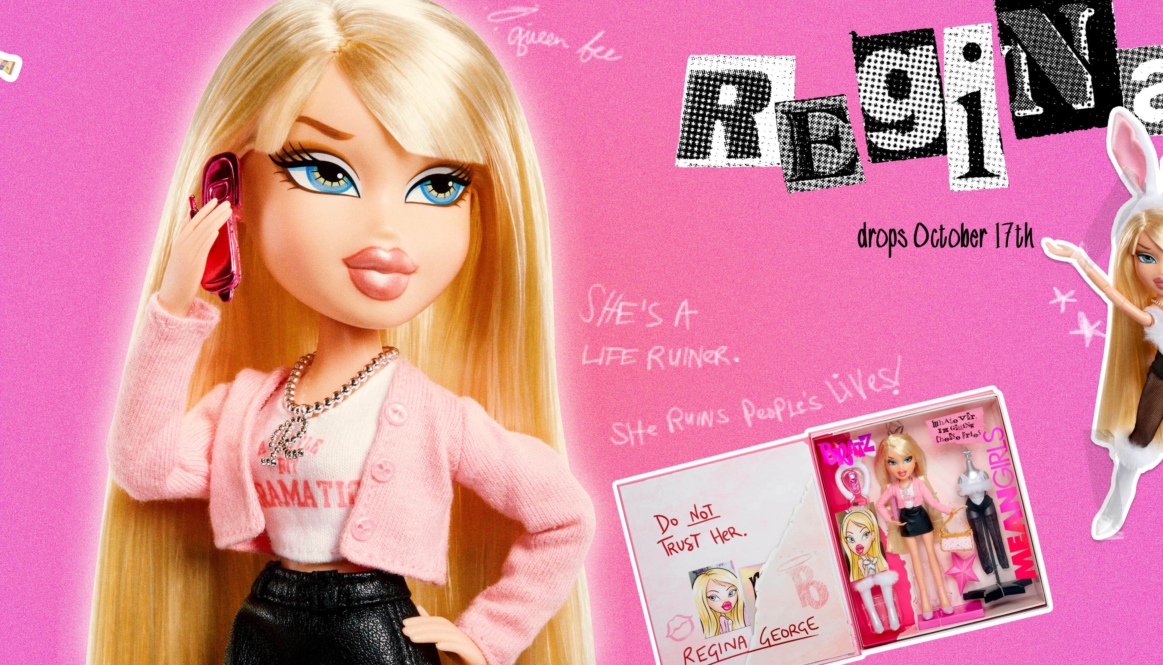Mean Girls Regina on pink background various images of dolls