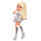 Doll with blonde hair, silver dress, and high boots on a white background