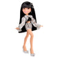 Doll with long black hair wearing a black and silver outfit on a white background