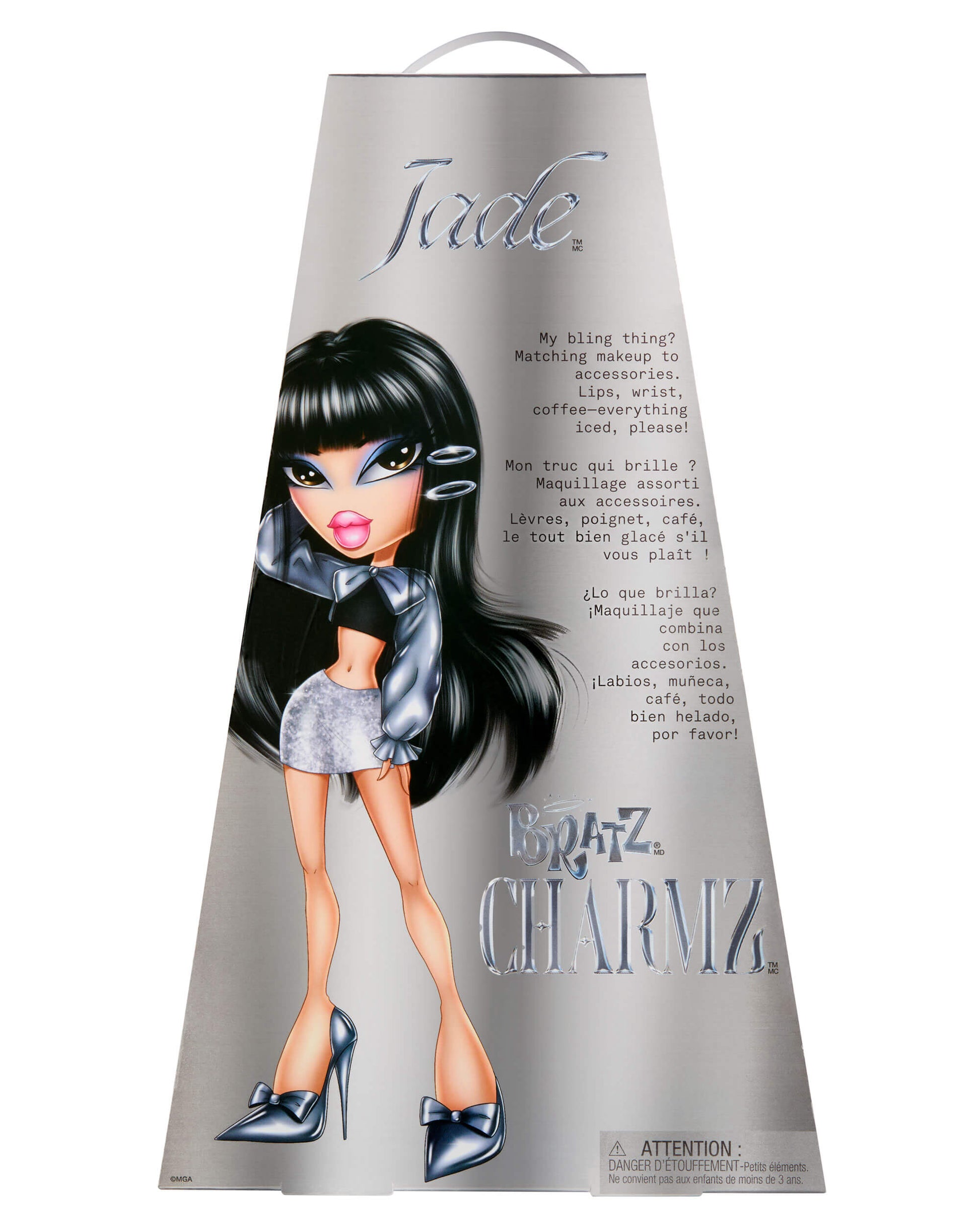Bratz Charmz toy packaging with doll illustration on a white background