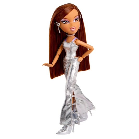 Doll in a silver dress on a white background