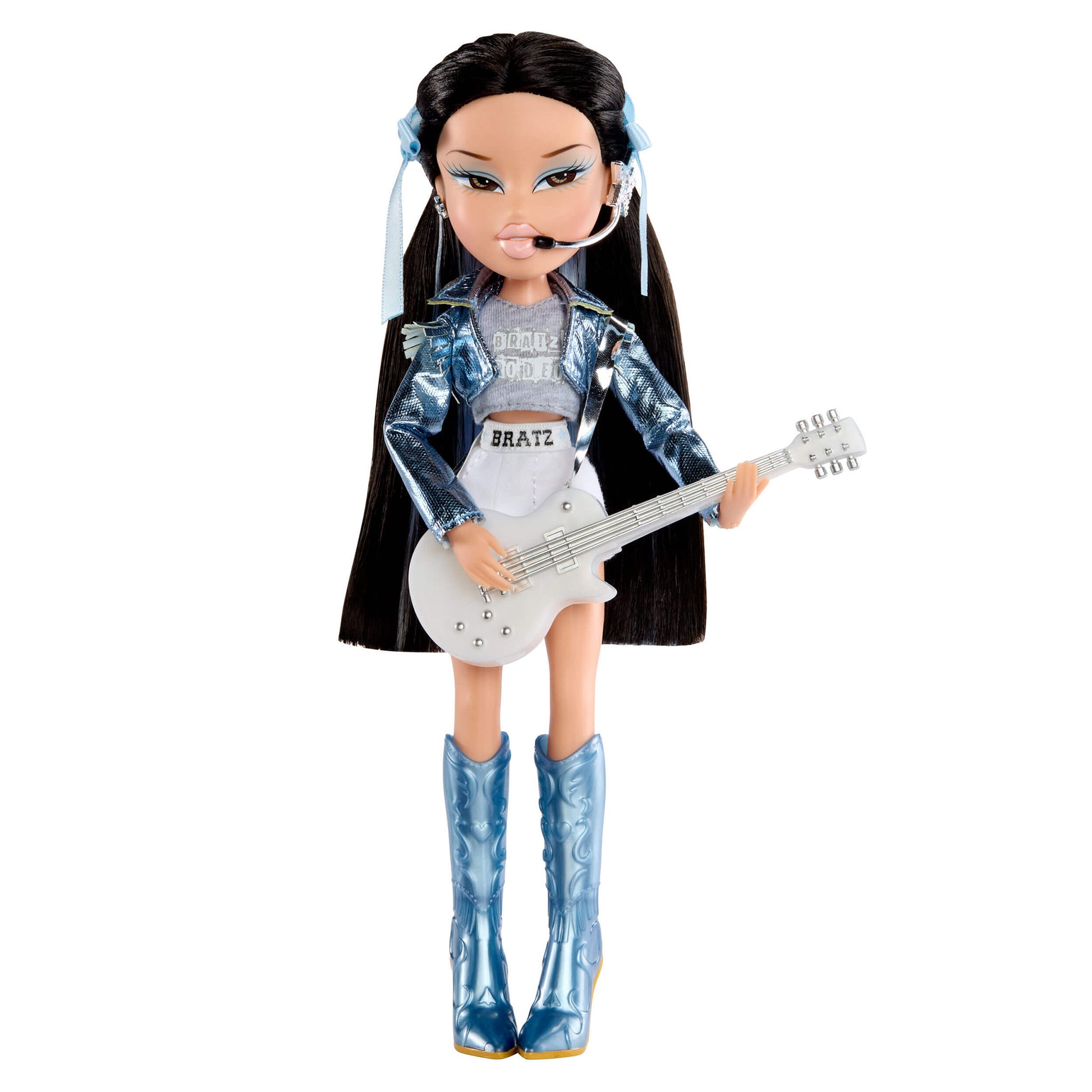 Doll with long black hair, blue headbands, and a white guitar on a white background