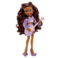 Doll with long braided hair, sequin outfit, and purple guitar on a white background