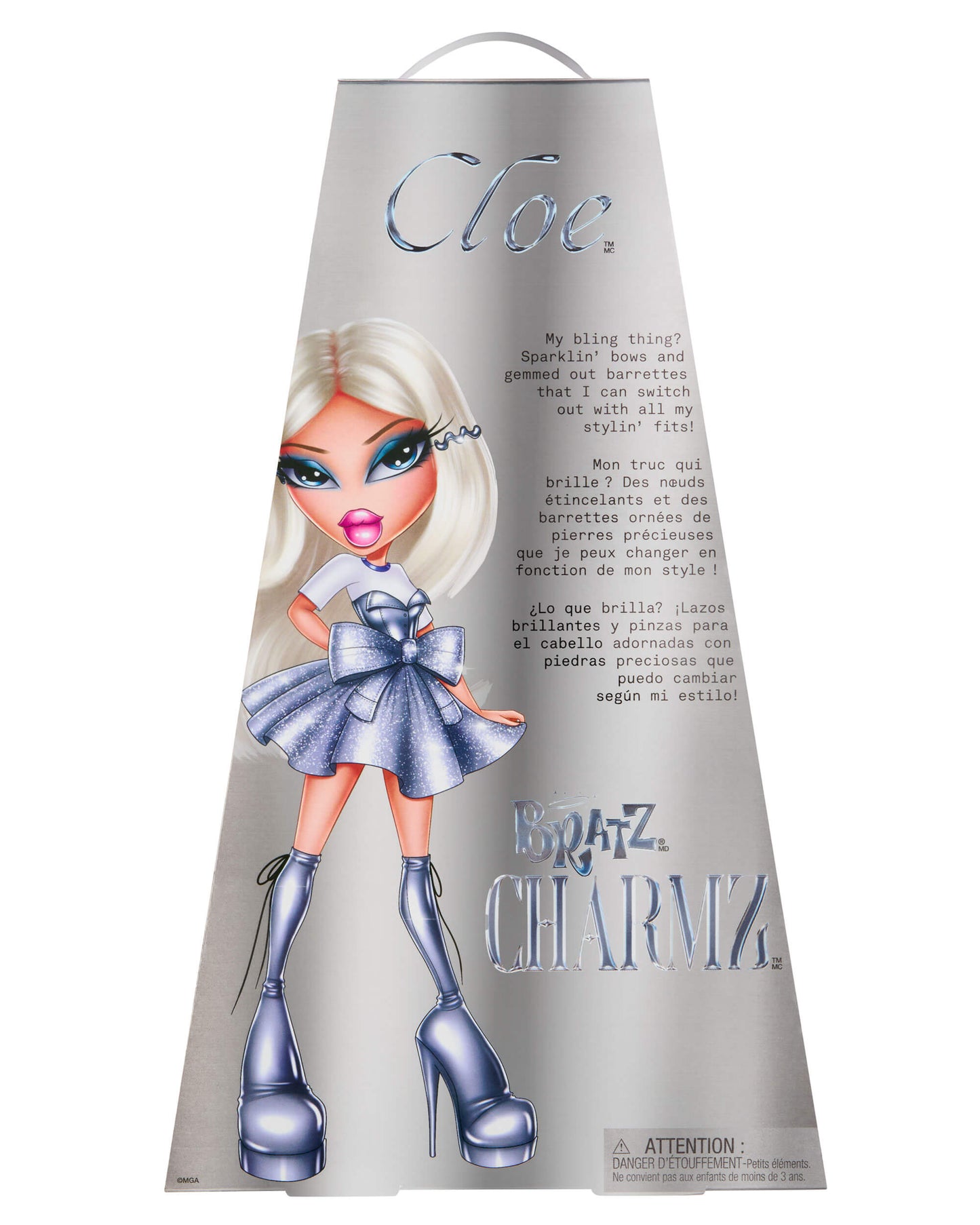 Bratz Charmz doll packaging with character illustration and text on a white background