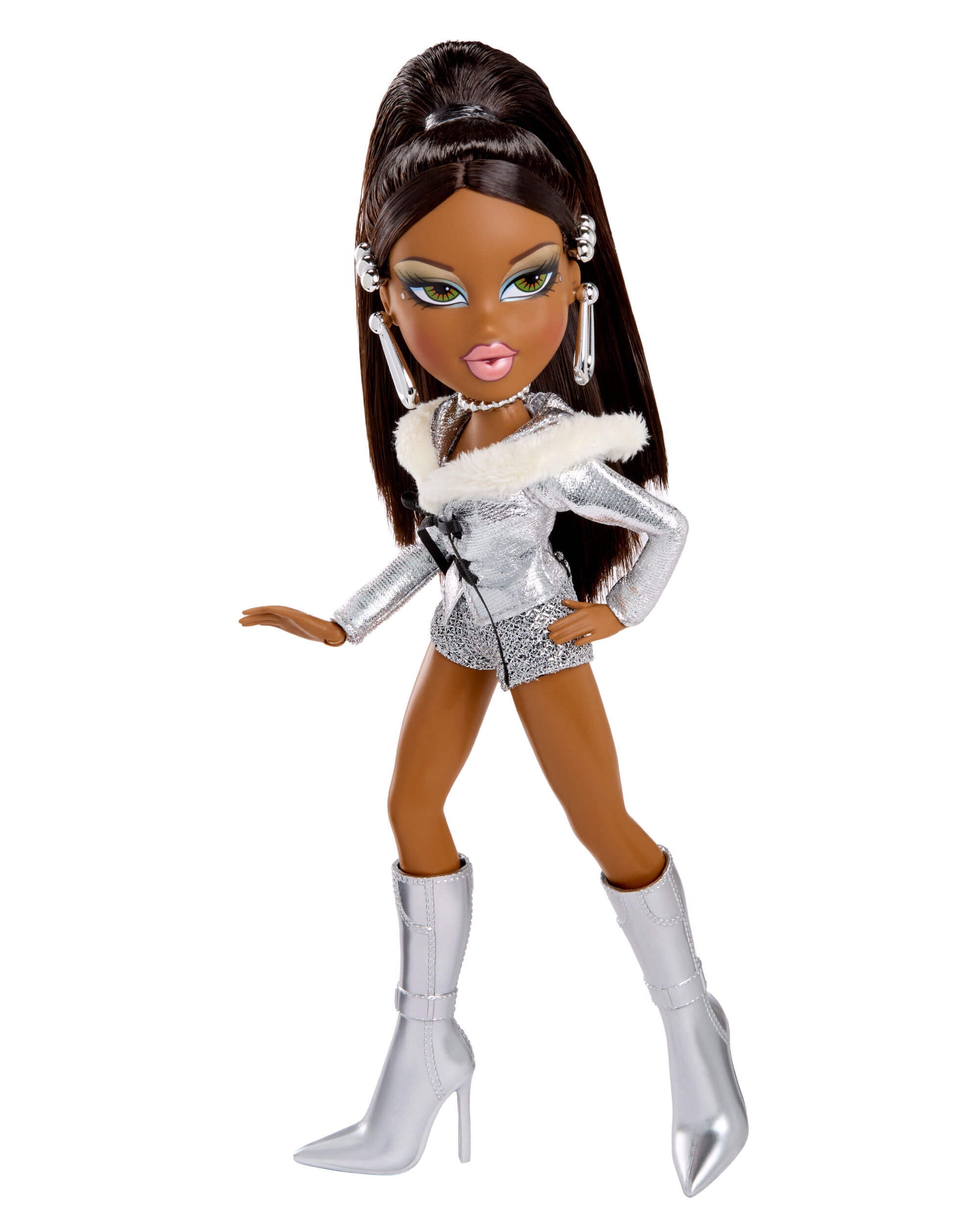 Doll in silver outfit with silver boots on a white background